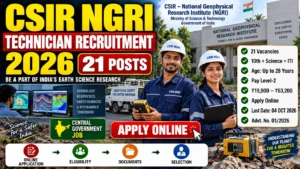 CSIR NGRI Technician Recruitment 2026 banner highlighting 21 vacancies, eligibility of 10th pass with Science and ITI, age limit up to 28 years, Pay Level-2 salary of ₹19,000–₹63,200, online application, and last date of 4 October 2026.