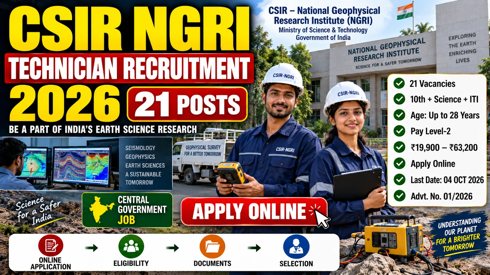 CSIR NGRI Technician Recruitment 2026 banner highlighting 21 vacancies, eligibility of 10th pass with Science and ITI, age limit up to 28 years, Pay Level-2 salary of ₹19,000–₹63,200, online application, and last date of 4 October 2026.