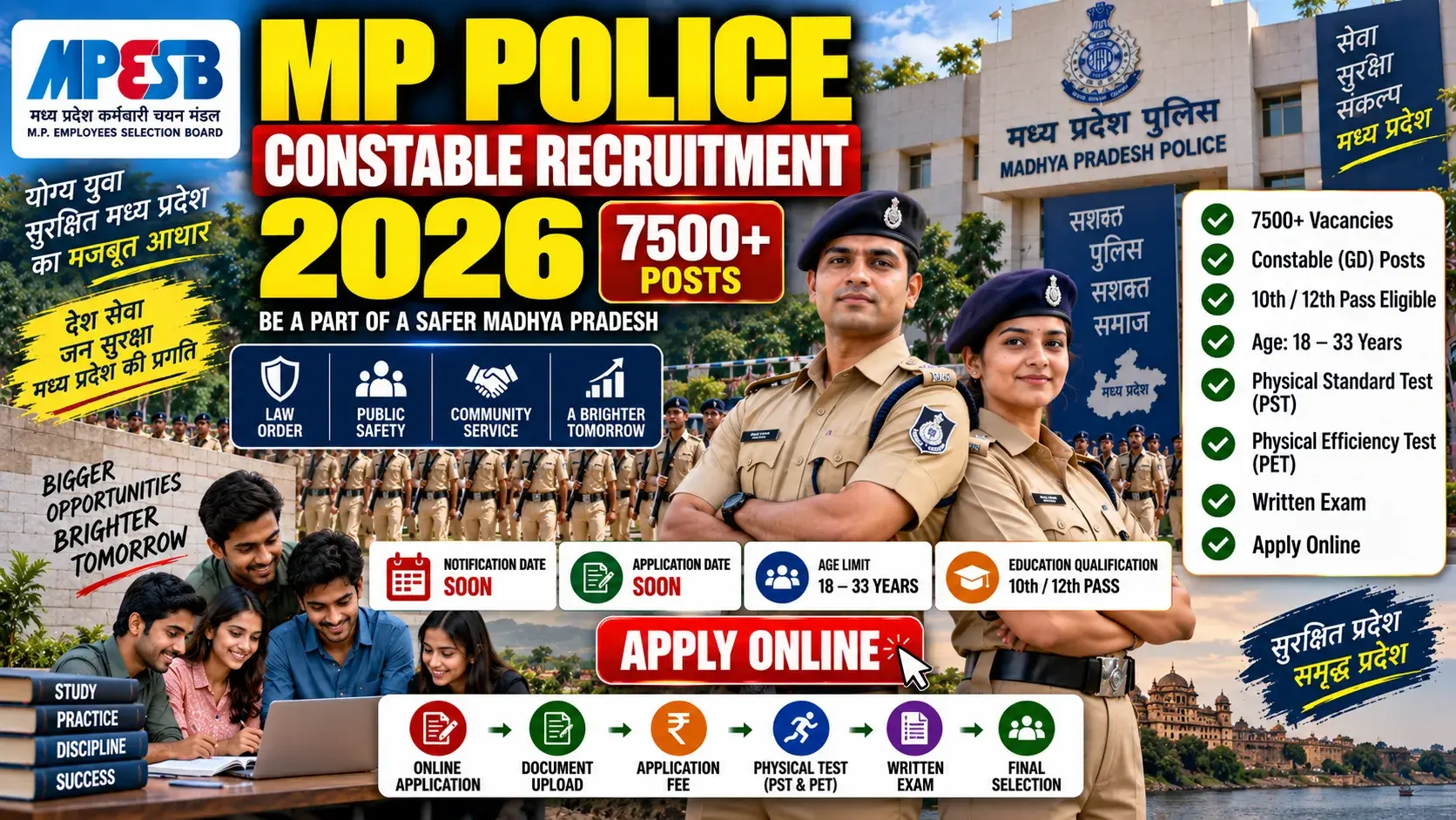 MP Police Constable Recruitment 2026 notification banner for 7500 plus Constable GD vacancies by MPESB