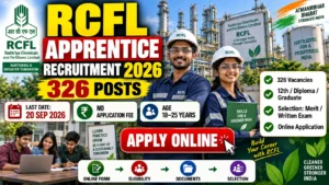RCFL Apprentice Recruitment 2026 notification banner showing 326 apprentice vacancies, eligibility for 12th, Diploma and Graduate candidates, age limit of 18–25 years, no application fee, selection through merit or written exam, and last date to apply as 20 September 2026.