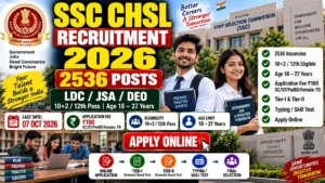 SSC CHSL Recruitment 2026 banner for 2536 posts of LDC JSA and DEO for 12th pass candidates by Staff Selection Commission