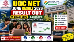 UGC NET June 2026 result out banner showing scorecard cut off marks link and Re Exam dates for 84 subjects by NTA
