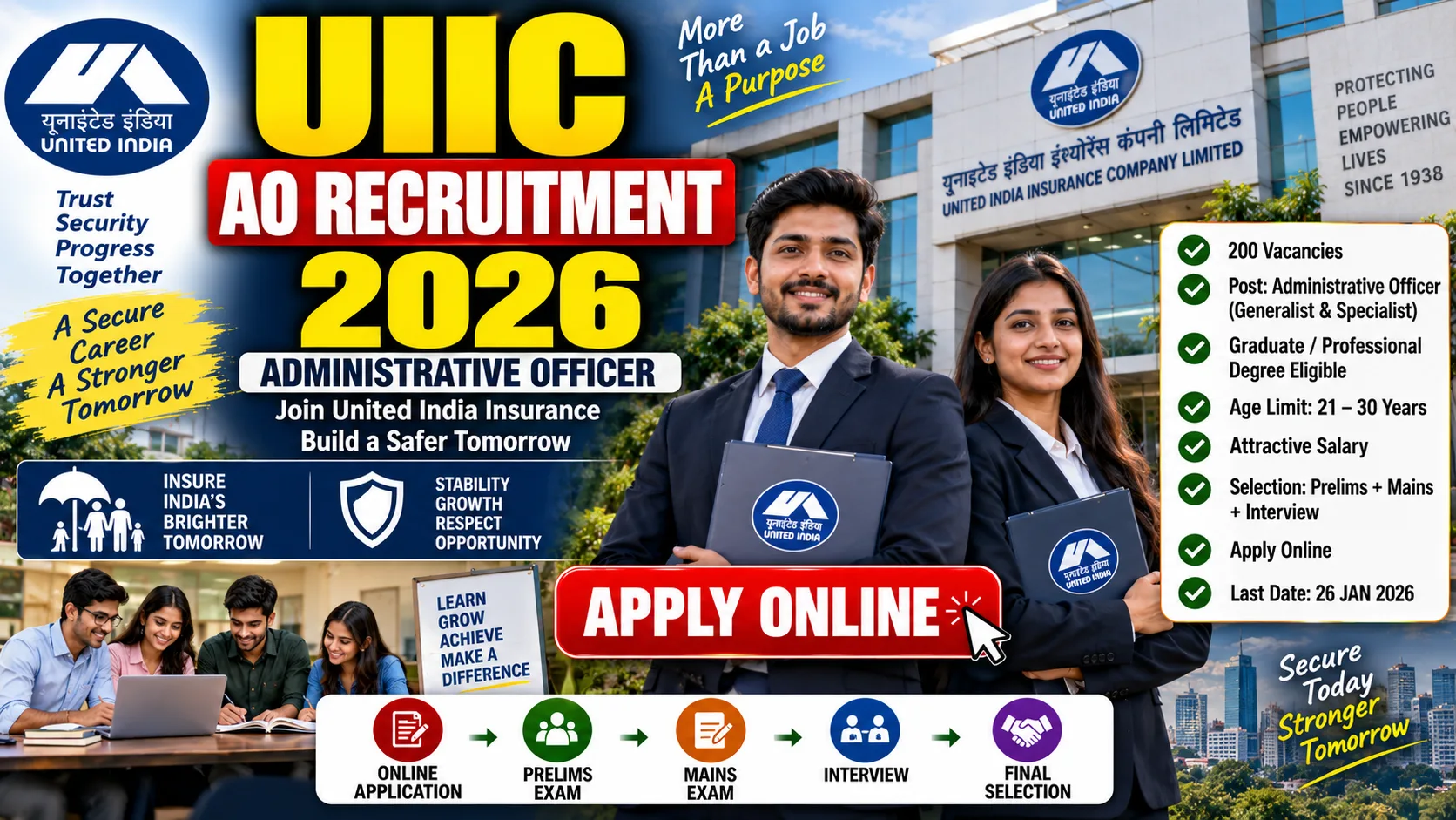 UIIC AO Recruitment 2026 notification banner for 200 Administrative Officer Generalist and Specialist posts by United India Insurance Company Limited
